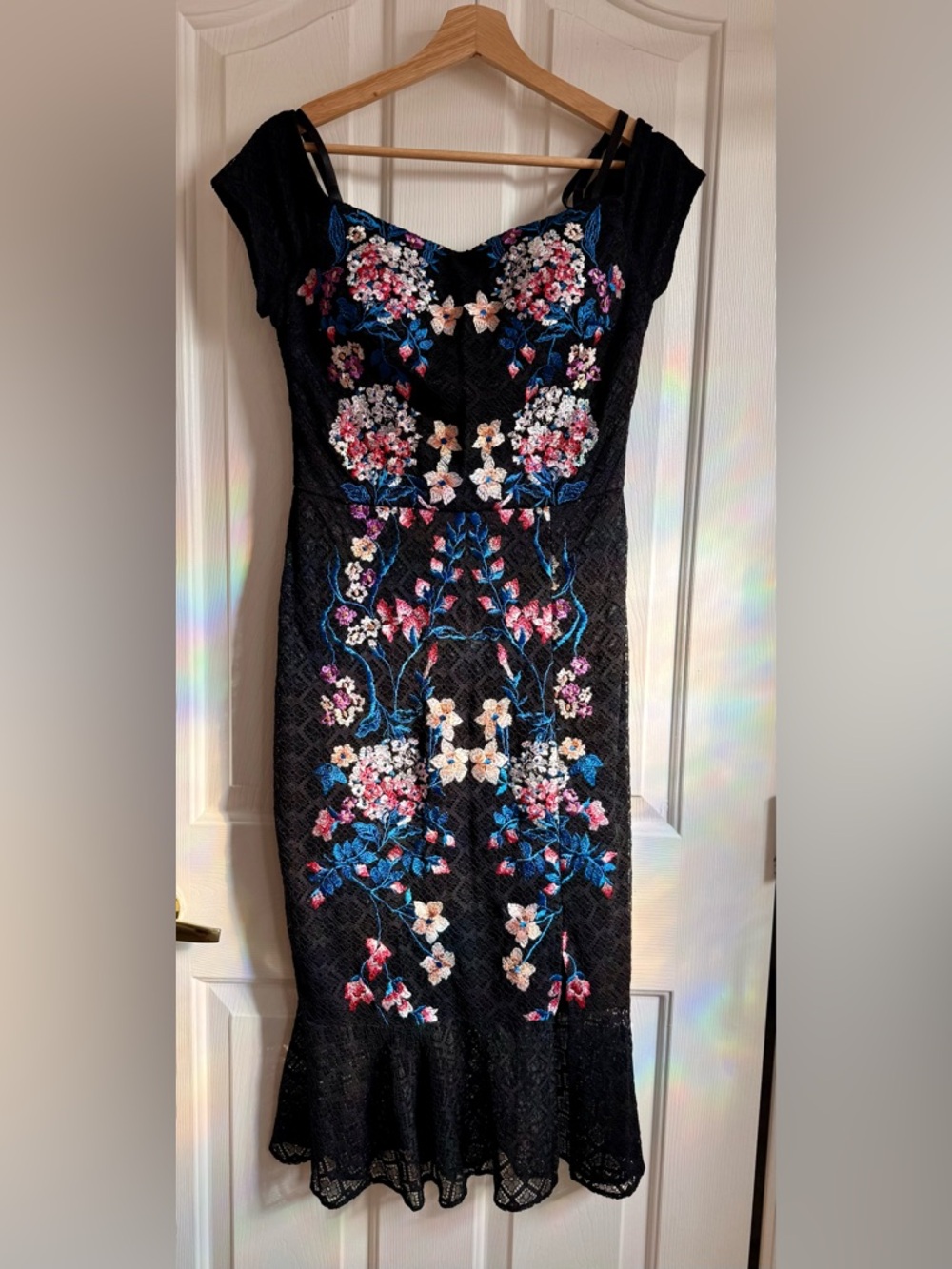 Guess Floral Embroidered Black Lace Midi Dress - Size 8